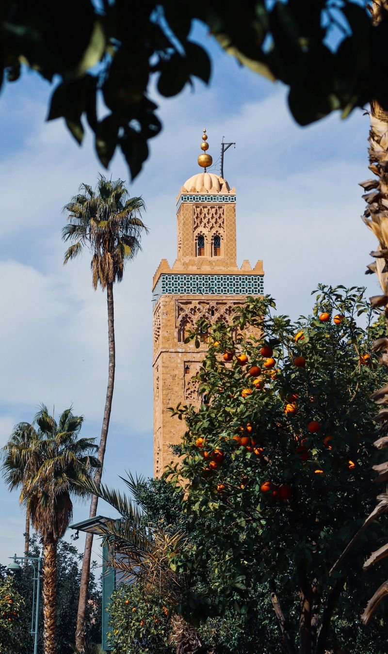 Koutoubia et palmiers de Marrakech — location de voiture à Marrakech